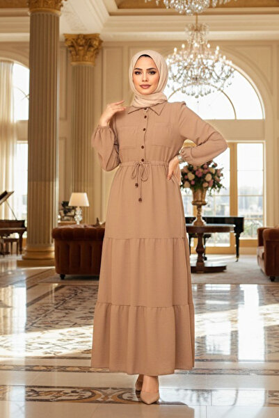 Neva Style Φόρεμα με κουμπιά μπισκότο Hijab 5720BS