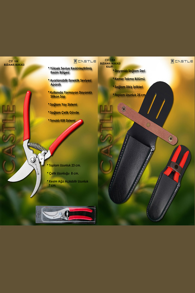 LAZBİSA Castle Cst-15x Budama Makası Bağ Makası Ve Deri Kılıfı 2 Li Set