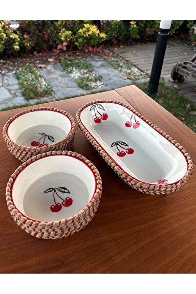 Home Inn Home Textile Cherry Patterned Wicker Look 3-Piece Presentation Set – Natural and Decorative Presentation Set – Red Color