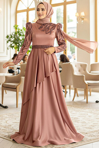 Neva Style Beaded Copper Satin Hijab Evening Dress 22671Bkr