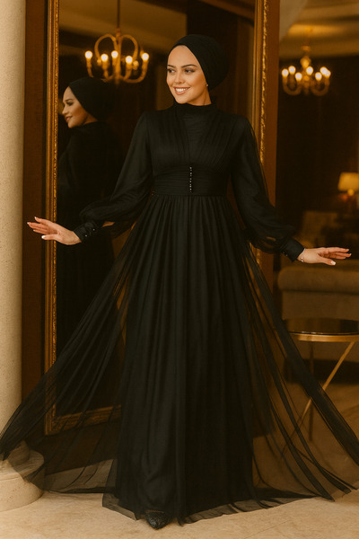 Neva Style Μαύρο Φόρεμα Χιτζάμπ με Λεπτομέρεια με Κουμπιά 5478S