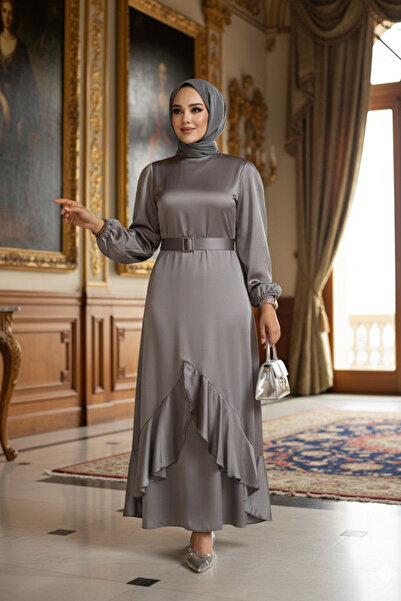 Neva Style Rochie de seară gri Tesettür cu volan 4566GR