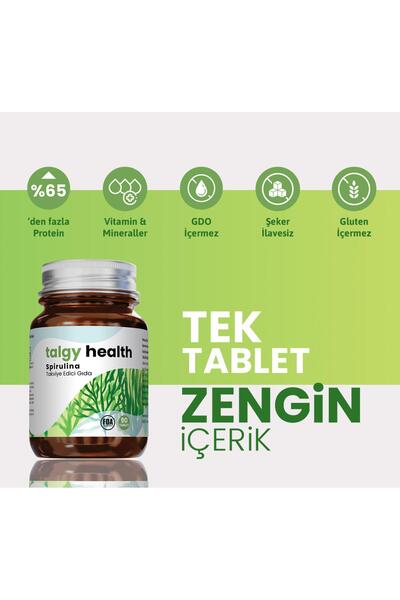 Talgy Health Spirulina İçeren Takviye Edici Gıda | 90 Tablet 500 mg | >%65 Bi...