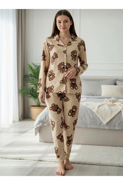 Fanwet Women's Suede Velvet Long Sleeve Brown Teddy Bear Polka Dot Detailed Front Buttoned Pajama Set