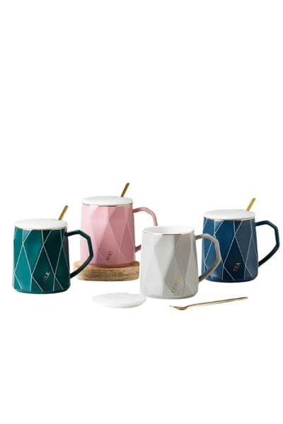 Dörtel Tedarik Modern Ceramic Mug with Geometric Pattern and Gold Spoon and Lid
