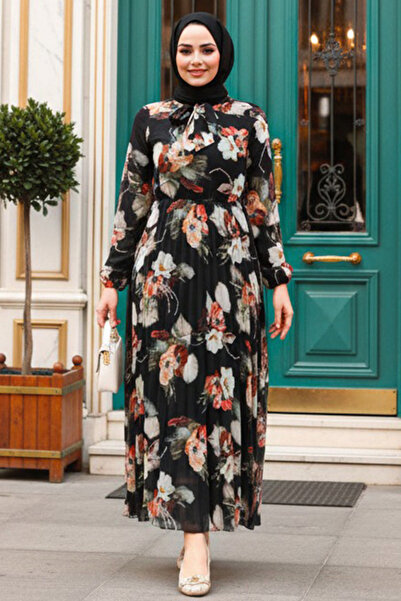 Neva Style Φόρεμα Μαύρο Χιτζάμπ με Μοτίβο Λουλούδια 50191S