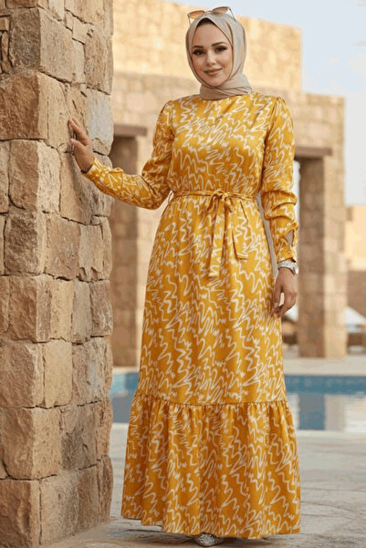 Neva Style Patterned Black Mustard Hijab Dress 3430Hr