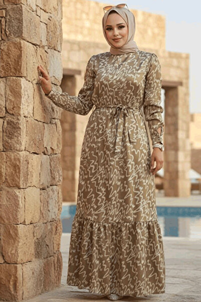 Neva Style Φόρεμα Hijab με σχέδιο λαδί πράσινο 3430YY