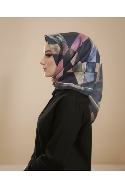 Trend Parla Siyah Zemin Renkli Geometrik Desenli Soft Pamuk Eşarp
