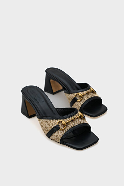 Capone Outfitters Women's Gold Buckle Straw Detailed Thick Heeled Black Slippers