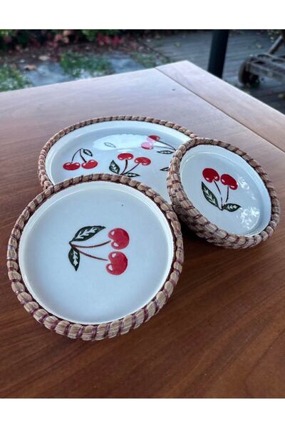 Home Inn Home Textile طقم تقديم بتصميم الكرز بمظهر الخوص – لون أحمر – 3 قطع م...