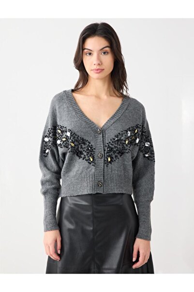 Jimmy Key Γκρι μακρυμάνικη πλεκτή ζακέτα με κεντημένα με πέτρα κουμπιά