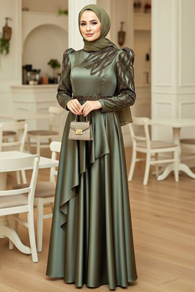 Neva Style Beaded Khaki Satin Hijab Evening Dress 22671Hk