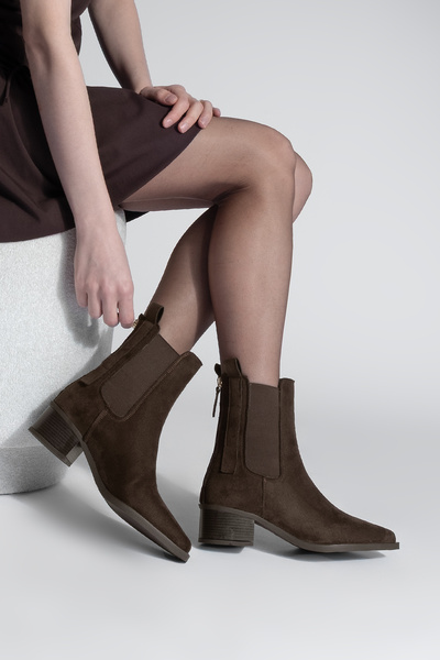 Marjin Dámské kovbojské boty se špičatou špičkou na zadním zipu s dvojitým elastickým westernovým designem Mirona hnědý semiš