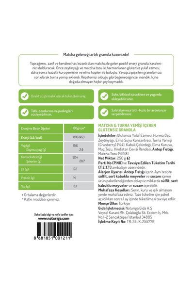 Naturiga Gluten-Free Matcha and Cranberry Granola 250Gr
