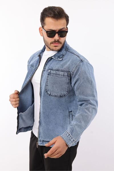 LTC Jeans سترة جينز رياضية للرجال بقصة عادية ولون أزرق فاتح مع سحاب