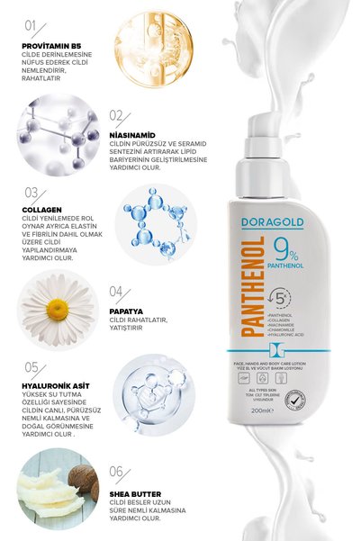 Doragold Panthenol Face, Hand and Body Care Lotion 9% Panthenol Moisturizing Cream 200 ml 2-Piece Set