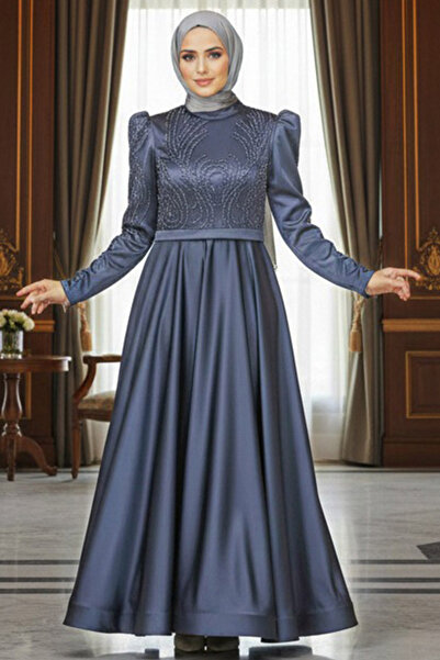 Neva Style Beaded Anthracite Satin Hijab Evening Dress 23191Ant