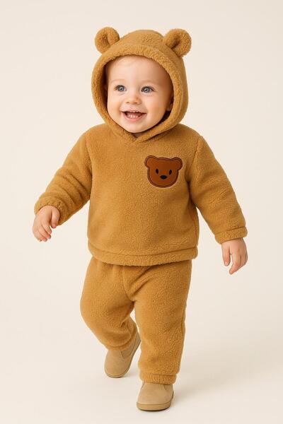 nevrankids Baby Plush Bear Eared Hooded Set of 2 - Winter Fleece