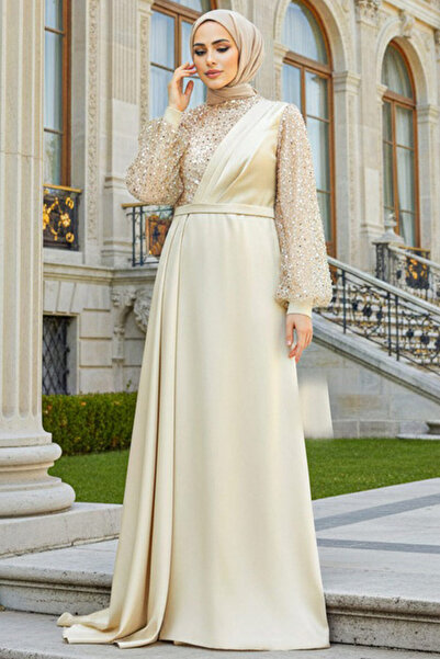 Neva Style Βραδινό φόρεμα με χρυσό χιτζάμπ με κέντημα με πούλιες 2311GOLD