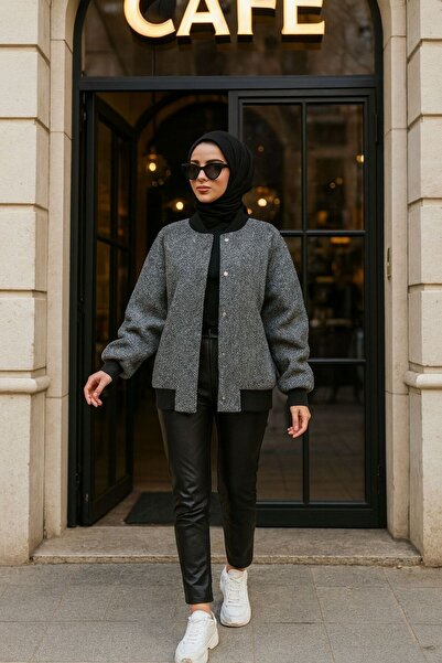 Neva Style Buttoned Black Hijab Bomber Jacket 9263S