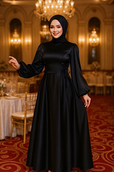 Neva Style Φόρεμα βραδινό με μανίκια μπαλόνι μαύρο σατέν τσαντάκι 61501S