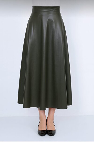 WAYS تنورة نسائية من الجلد الصناعي باللون الكاكي طويلة وحجاب واسعة من الجلد الصناعي