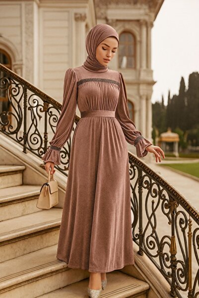 Neva Style Φόρεμα με ζώνη Dark Mink Hijab Velvet 37291KV