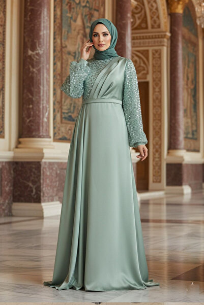 Neva Style فستان سهرة إسلامي مطرز بالترتر باللون الأخضر 2311CY