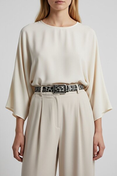 Kemerix Women's Leopard Detailed Silver Buckle Belt