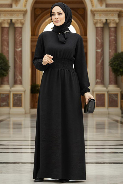 Neva Style Rochie neagră cu guler cu cravată 5973S