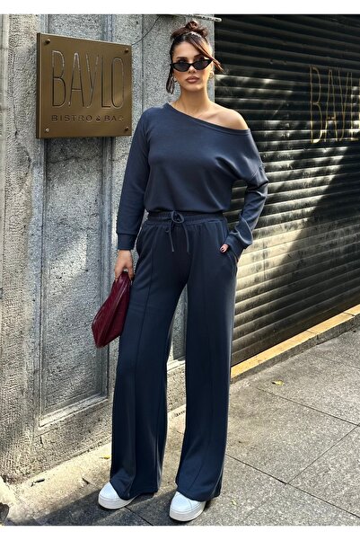 BEJNA Women's Navy Blue Off-Shoulder Soft Modal Textured Top and Bottom Set