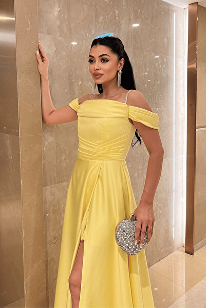 giyimmasalı Satin Fabric Drawstring Evening Dress - Yellow