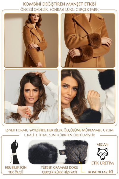 Mağazam Online Plush Faux Fur Oversleeve Fluffy Cuff Wristband - Vegan Mink Black