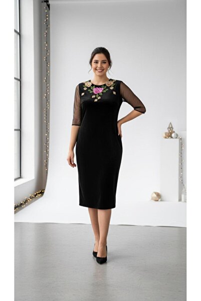 Nidya Moda Büyük Beden Tül Kol Çiçekli Yaka Siyah Kadife Abiye Elbise 4125s