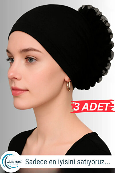 Jusmart 3 Adet Siyah ◇ Pamuklu Fırfırlı Bone ◇ Kaymayan Dikişsiz Topuz Bonesi...