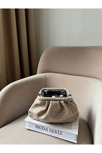 Moda Sekiz Women's Cream Patterned Magnet Closure Scholarship Knitted Pattern Handbag and Crossbody Shoulder Bag