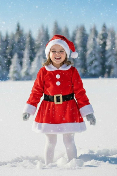 Parti Kırtasiye Kız Çocuk Noel Kırmızı Santa Elbisesi Kar Temalı Yeni Yıl Par...