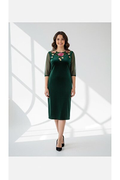 Nidya Moda Büyük Beden Tül Kol Çiçekli Yaka Yeşil Kadife Abiye Elbise 4125y