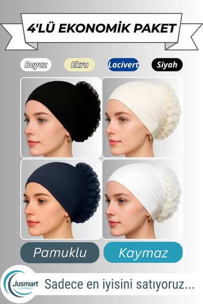 Jusmart 4 Adet Karışık Renkli ◇ Pamuklu Fırfırlı Bone ◇ Kaymaz Dikişsiz Topuz...