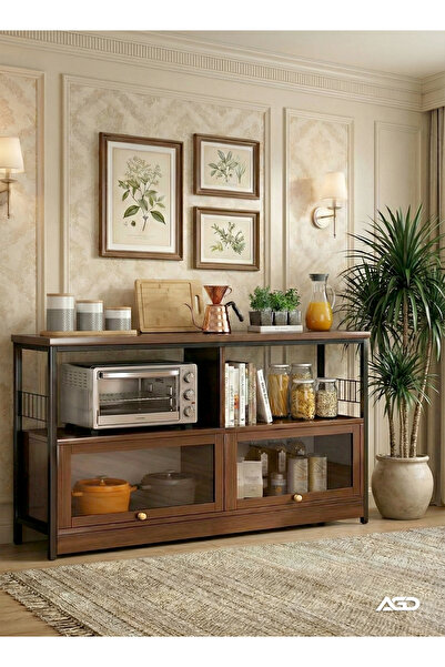 AGD Side Storage Cabinet, Living Room and Kitchen, Coffee Corner Cabinet with 3 Shelves and 2 Doors 100*30*78cm/Brown