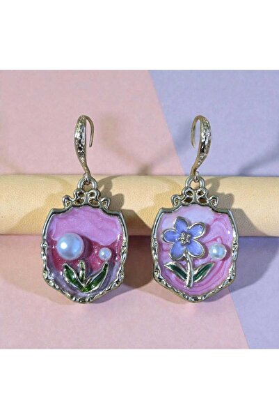 Pawnest Handmade Pink Enamel Floral Pearl Detailed Earrings, Asymmetrical Han...