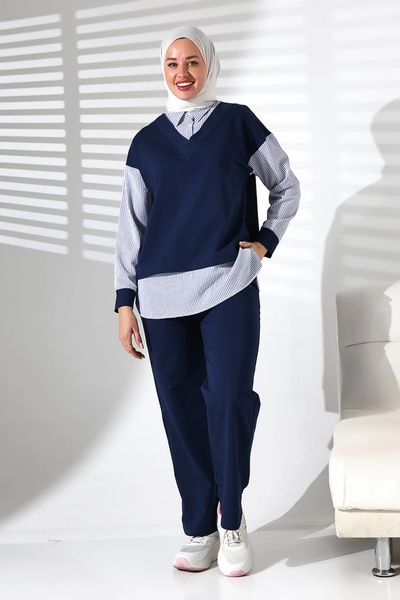 Mihran Butik بدلة نسائية موسمية من الأسفل والأعلى مريحة باللون الأزرق الداكن