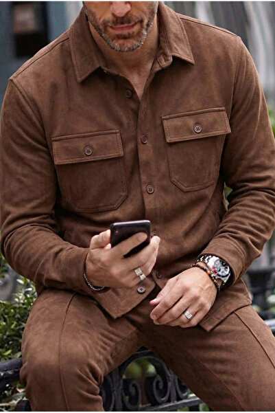 MADZEYMODA New Season Ανδρικό πουκάμισο Scuba καφέ σουέντ Mz19808