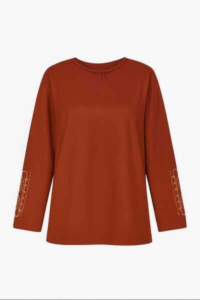 Nacar Moda Γυναικεία μπλούζα από λύκρα μεσαίας και μεγαλύτερης ηλικίας Four Seasons Tile Mother χτενισμένη βαμβακερή μπλούζα Νέας σεζόν με κεντημένο μανίκι