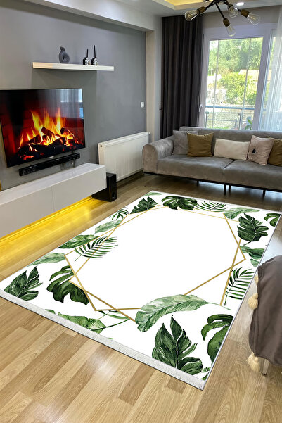 VOPTEKS Yeşil Halı Salon Halısı Yaprak Desen Halı Makinede Yıkanabilir Kaymaz...