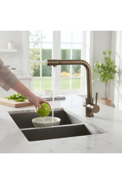 İSAOĞLU YAPI Antique Gold Premium Purified Kitchen Faucet 3 Way Kitchen Faucet Matte Gold Sink Faucet