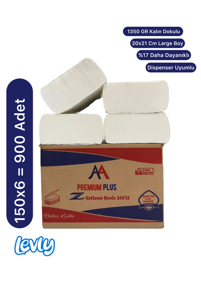 Levly Premium Plus Z Fold Paper Towels 150 Pack Dispenser Napkins 6 Packs 900 Pieces 20X21 cm 1350 Gr