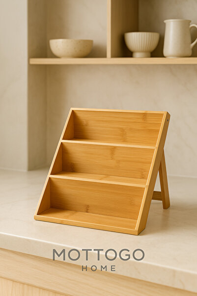 Mottogo حامل رف توابل قابل للطي من الخيزران مكون من 3 طبقات مع حامل رف توابل ...