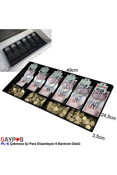 SAYPOS Metal Mandallı Rampalı Çekmece İçi Para Düzenleyici 6 Banknot 4 Bozuk Para Gözlü 49x24,5x3,5cm